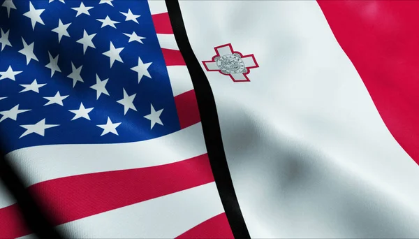 Ondeando Malta Estados Unidos Fusionada Bandera Vista Primer Plano — Foto de Stock