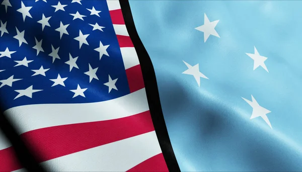 3Dウェーブ ミクロネシア連邦と米国の統合旗閉鎖ビュー — ストック写真