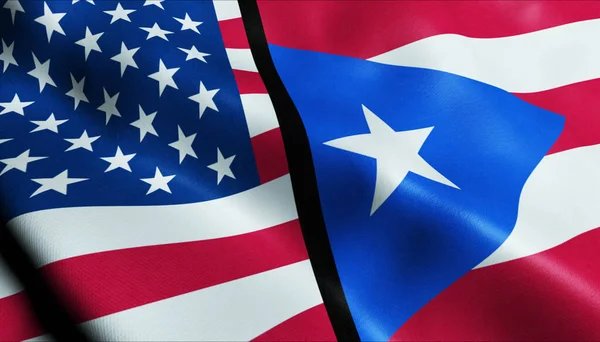 stock image 3D Waving Puerto Rico and USA Merged Flag Closeup View