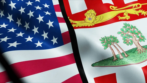 Winkende Prinz Edward Insel Und Usa Fusionierten Flaggen Nahaufnahme — Stockfoto