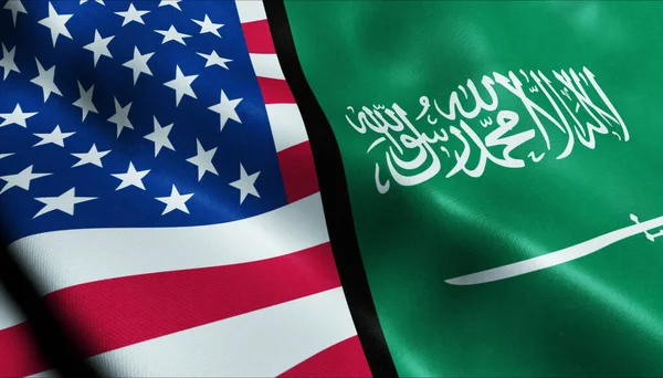 Sventolando Arabia Saudita Gli Stati Uniti Bandiera Unita Vista Vicino — Foto Stock