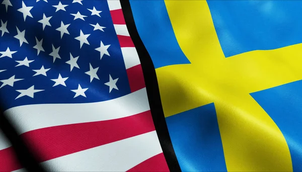 Ondeando Suecia Estados Unidos Fusionada Bandera Vista Primer Plano — Foto de Stock