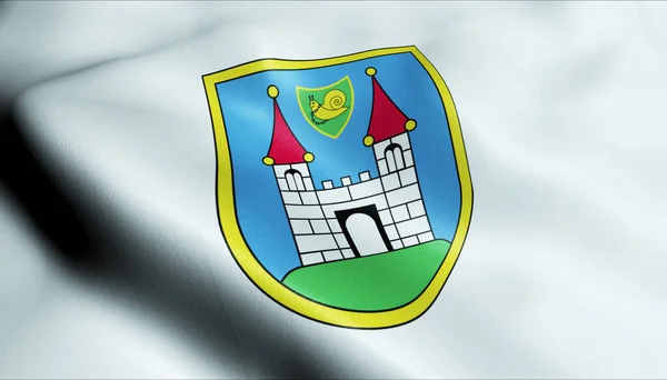 3D Illustration of a waving Slovenian city flag of Visnja Gora