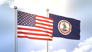 3D Dalgalanan Virginia ve ABD Bayrakları Mavi Gökyüzünde Güneş Işığıyla