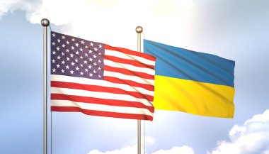 3D Dalgalanan Ukrayna ve ABD Bayrakları Mavi Gökyüzünde Güneş Işığıyla