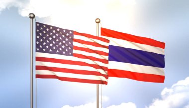 3D Dalgalanan Tayland ve ABD Bayrakları Mavi Gökyüzünde Güneş Işığıyla