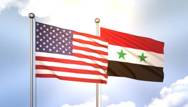 Suriye ve ABD Bayraklarını Güneş Işığıyla Dalgalayan 3D