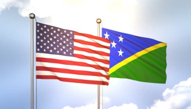 Solomon Adaları 'nı ve Mavi Gökyüzünde Güneş Işığıyla ABD Bayraklarını Dalgalayan 3D