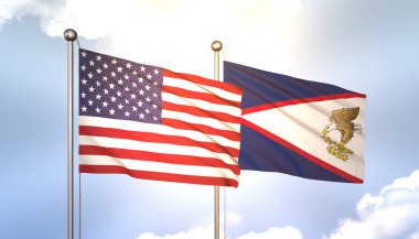 Mavi Gökteki Bayrak Direğinde Güneş Işığıyla 3 Boyutlu Dalgalanan Samao ve ABD