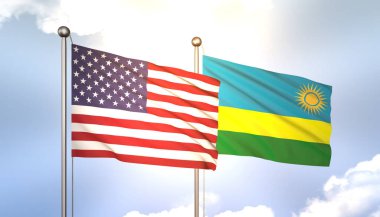 3D Dalgalanan Ruanda ve ABD Mavi Gök Bayrak Direğinde Güneş Işığıyla