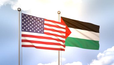 3D Dalgalanan Filistin ve ABD Mavi Gök Bayrak Direğinde Güneş Işığıyla