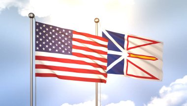 3D Dalgalanan Newfoundland ve ABD Mavi Gök bayrak direğinde Güneş Işığı ile