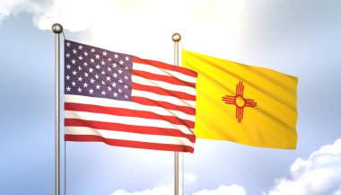New Mexico ve ABD 'yi Mavi Gökteki Bayrak Direğinde Güneş Işığıyla Dalgalanıyor