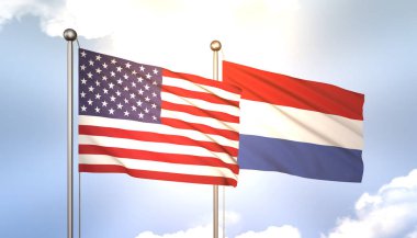 Hollanda ve ABD 'yi Mavi Gökteki Bayrak Direğinde Güneş Işığıyla Dalgalanıyor