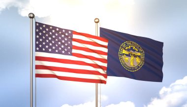 3D Dalgalanan Nebraska ve ABD Mavi Gök Bayrak Direğinde Güneş Işığıyla