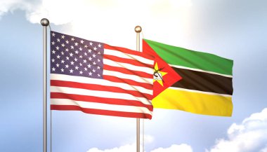 3D Dalgalanan Mozambik ve ABD Mavi Gök Bayrak Direğinde Güneş Işığıyla