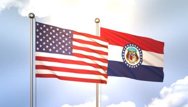 Missouri ve ABD 'yi Mavi Gök Bayrak Direğinde Güneş Işığıyla Dalgalanıyor