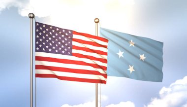 3D Dalgalanan Mikronezya ve ABD Mavi Gök Bayrak Direğinde Güneş Işığı ile