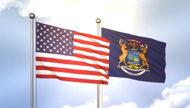 3D Dalgalanan Michigan ve ABD Mavi Gökteki Bayrak Direğinde Güneş Işığıyla