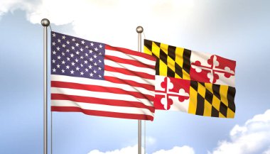 Maryland ve ABD 'yi Mavi Gökteki Bayrak Direğinde Güneş Işığıyla Dalgalanıyor