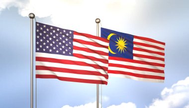 3 Boyutlu Malezya ve ABD 'yi Mavi Gökteki Bayrak Direğinde Güneş Işığıyla Dalgalanıyor