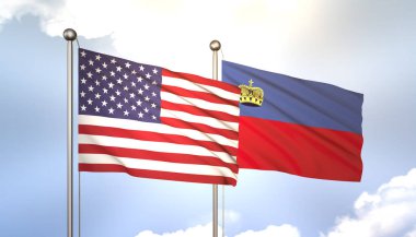 3D Dalgalı Lihtenştayn ve ABD Mavi Gök Bayrak Direğinde Güneş Işığı ile