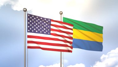 3 Boyutlu Dalgalanan Gabon ve ABD Mavi Gökyüzünde Bayrak Direğinde Güneş Işığıyla