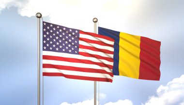 3 Boyutlu Dalgalar Chad ve ABD Mavi Gökteki Bayrak Direğinde Güneş Işığıyla