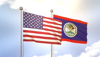 3D Dalgalanan Belize ve ABD Mavi Gök Bayrak Direğinde Güneş Işığıyla