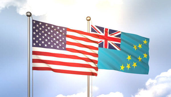 3D Waiting Тувалу и США Flags on Blue Sky with Sun Shine