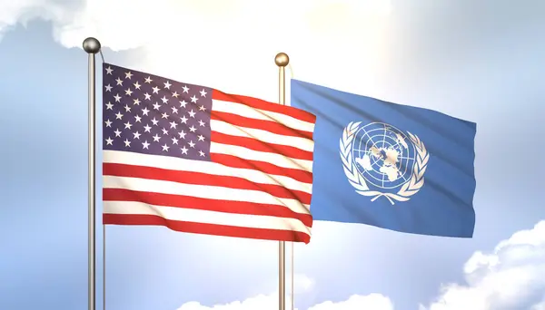 3D Waving United Nations and USA Flags on Blue Sky with Sun Shine