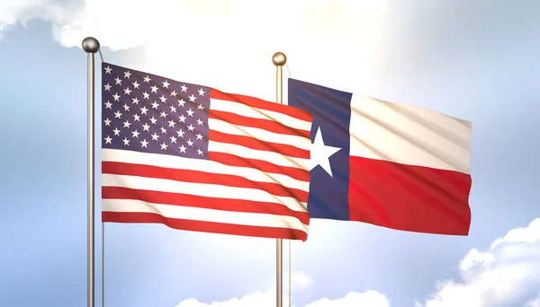 3D Waving Texas and USA Flags on Blue Sky with Sun Shine
