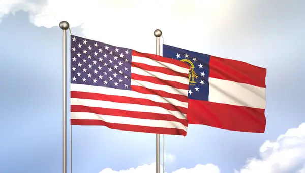 3D Waving Georgia State and USA on Flagpole on Blue Sky with Sun Shine