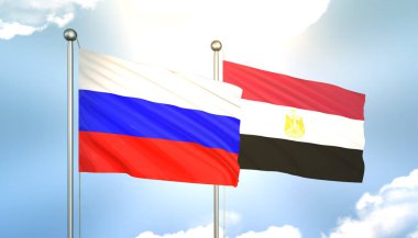 Rusya ve Mısır Bayraklarını Güneş Işığıyla Mavi Gökyüzüne Daldıran 3D