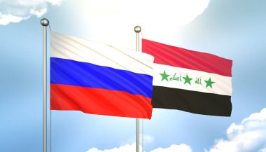 Rusya ve Irak Bayraklarını Güneş Işığıyla Mavi Gökyüzüne Daldıran 3D