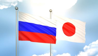 Rusya ve Japon Bayraklarını Güneş Işığıyla Dalgalayan 3D