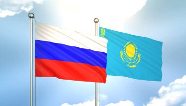 Rusya ve Kazakistan Bayraklarını Güneş Işığıyla Dalgalayan 3D