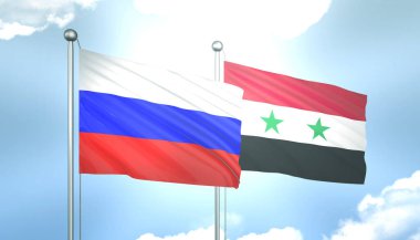 Rusya ve Suriye Bayraklarını Güneş Işığıyla Dalgalayan 3D
