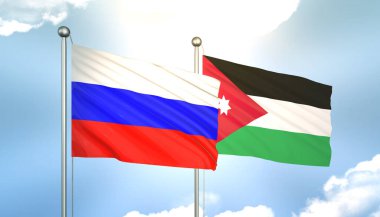 Rusya ve Ürdün Bayraklarını Güneş Işığıyla Mavi Gökyüzüne Daldıran 3D