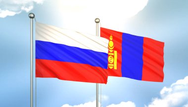 Rusya ve Moğolistan Bayraklarını Güneş Işığıyla Dalgalayan 3D