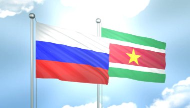 3D Dalgalanan Rusya ve Surinam Bayrakları Mavi Gökyüzünde Güneş Işığıyla