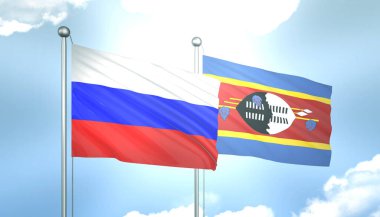Rusya ve Svaziland Bayraklarını Güneş Işığıyla Mavi Gökyüzüne Dalgalayan 3D