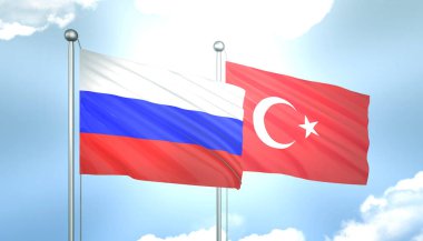 Rusya ve Türkiye 'yi Dalgalayan 3D Güneş Işığıyla Mavi Gökyüzüne Bayraklar