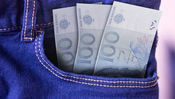 stock image Bunch of Estonia 100 Krooni banknotes in a jeans pocket a concept of spending