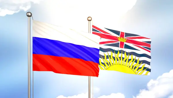 3D Waving Russia and British Columbia Flags on Blue Sky with Sun Shine