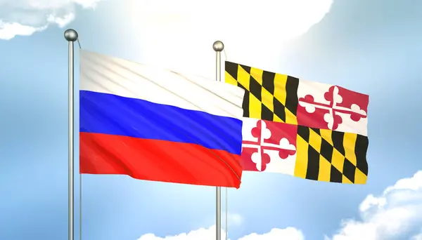 3D Waving Russia and Maryland Flags on Blue Sky with Sun Shine