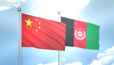 Mavi Gök 'te Çin ve Afganistan' ın 3D Bayrağı Güneş Işığıyla