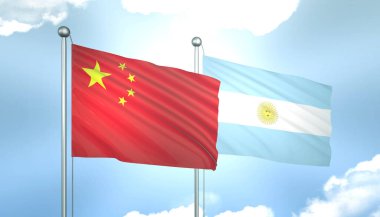 Çin ve Arjantin 'in 3D Bayrağı Mavi Gökte Güneş Işığıyla