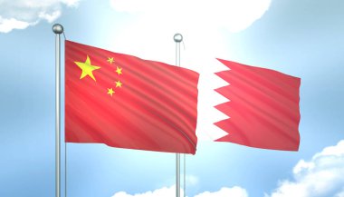 Mavi Gökte Güneş Işığıyla Çin ve Bahreyn 'in 3D Bayrağı