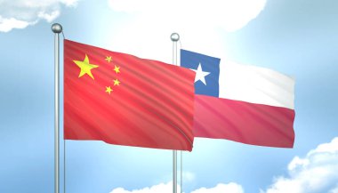 Çin ve Şili 'nin 3D Bayrağı Mavi Gökyüzünde Güneş Işığıyla